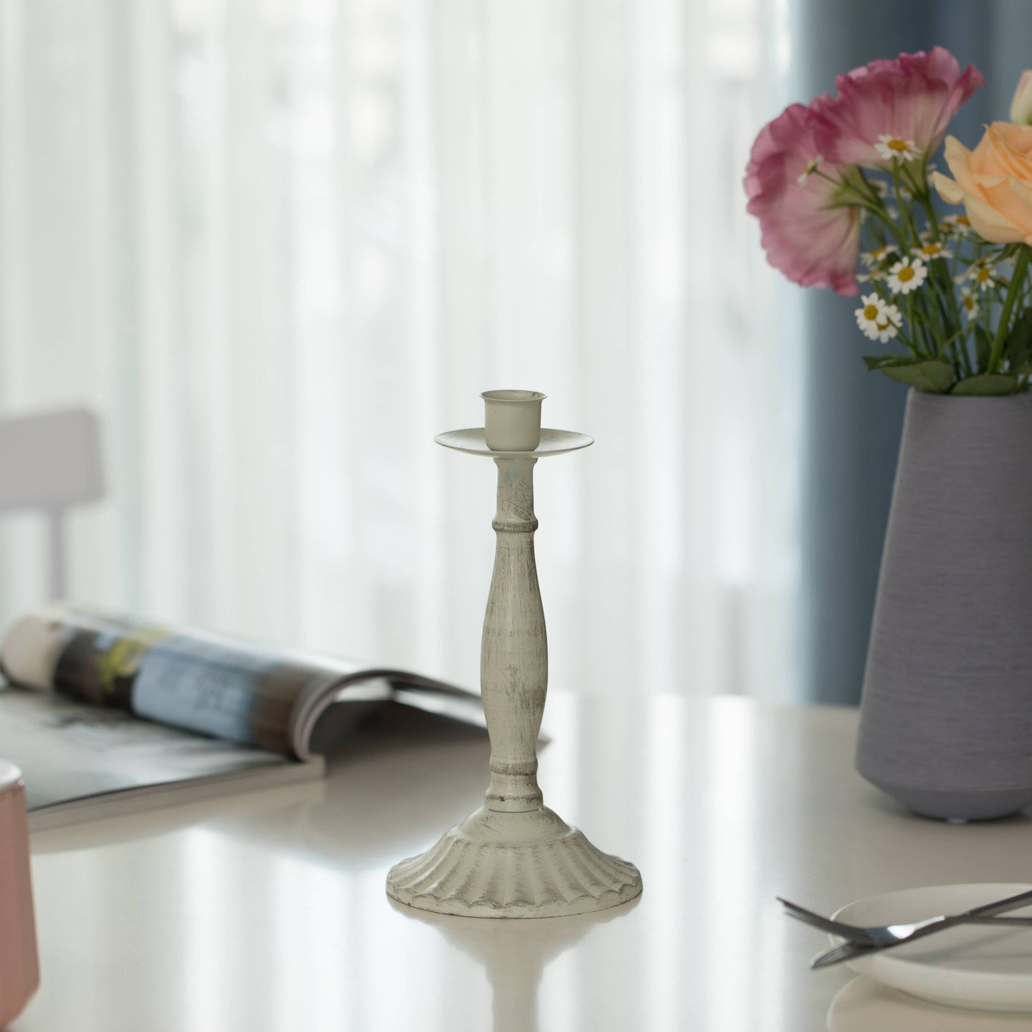 Antique Distressed Metal Candelabra and Candlestick