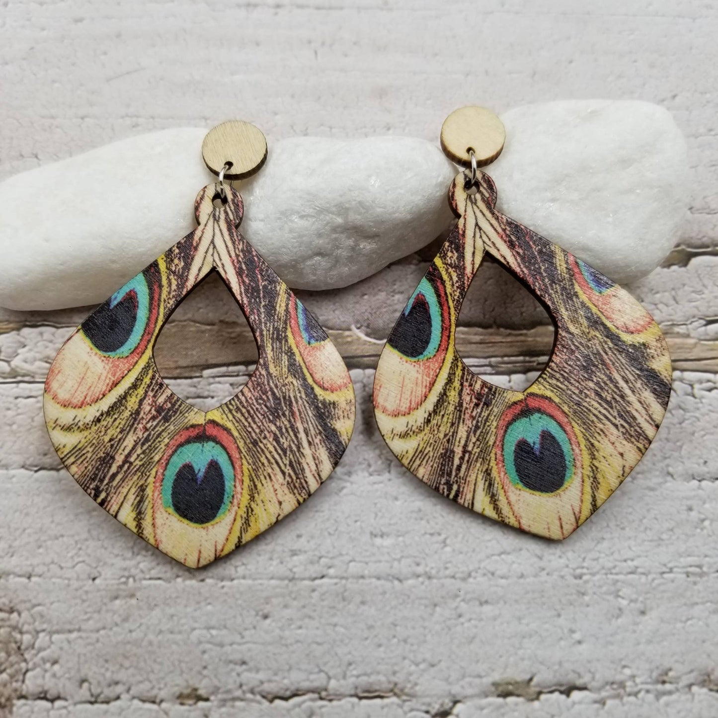 Boho Printed Peacock Feather Wood Earrings