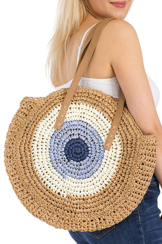 Boho Evil Eye Rattan Wicker Round Beach Tote Bag