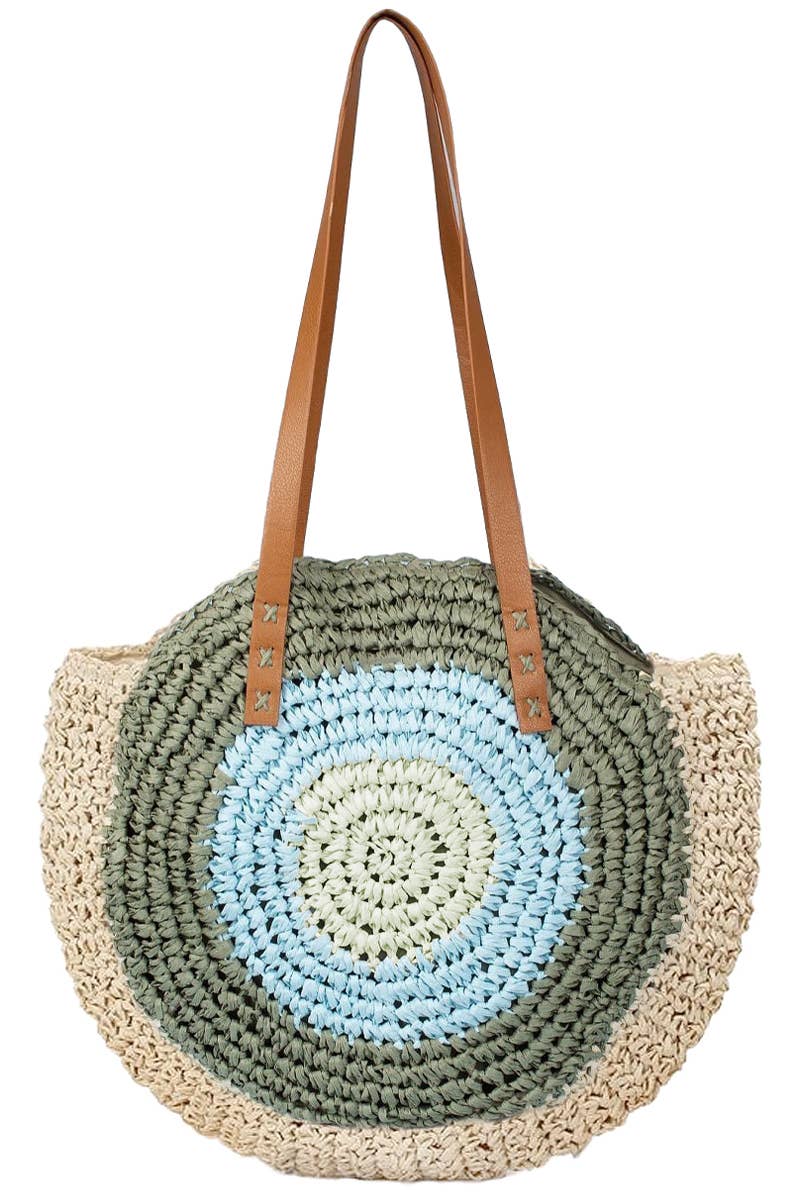 Boho Evil Eye Rattan Wicker Round Beach Tote Bag