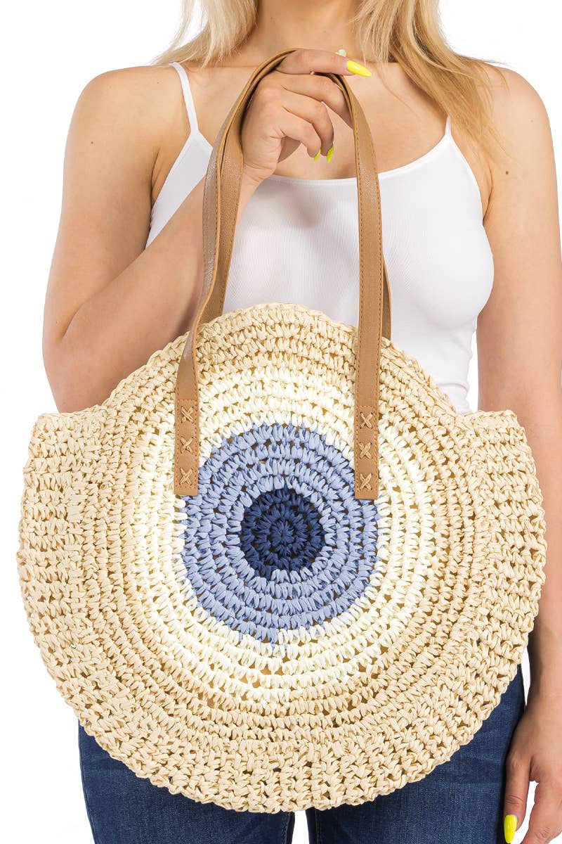 Boho Evil Eye Rattan Wicker Round Beach Tote Bag