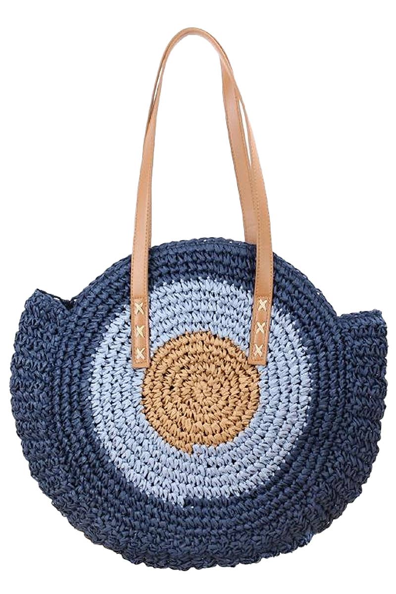 Boho Evil Eye Rattan Wicker Round Beach Tote Bag