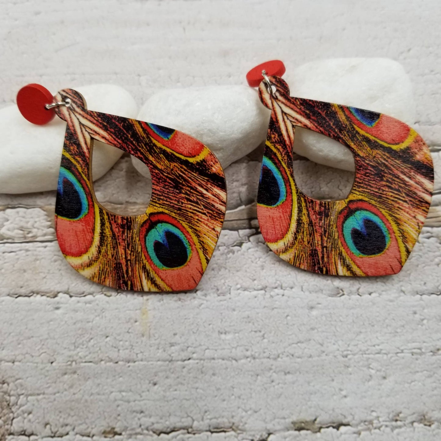 Boho Printed Peacock Feather Wood Earrings