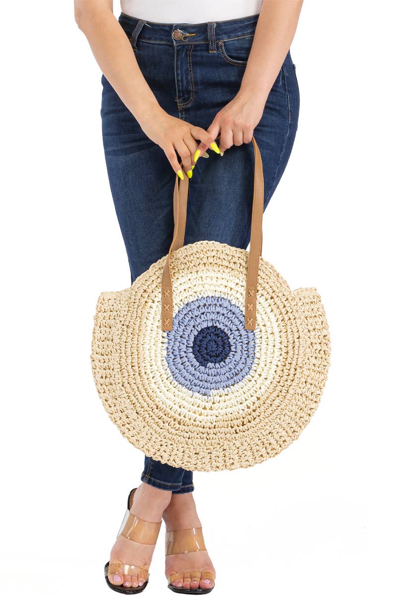 Boho Evil Eye Rattan Wicker Round Beach Tote Bag