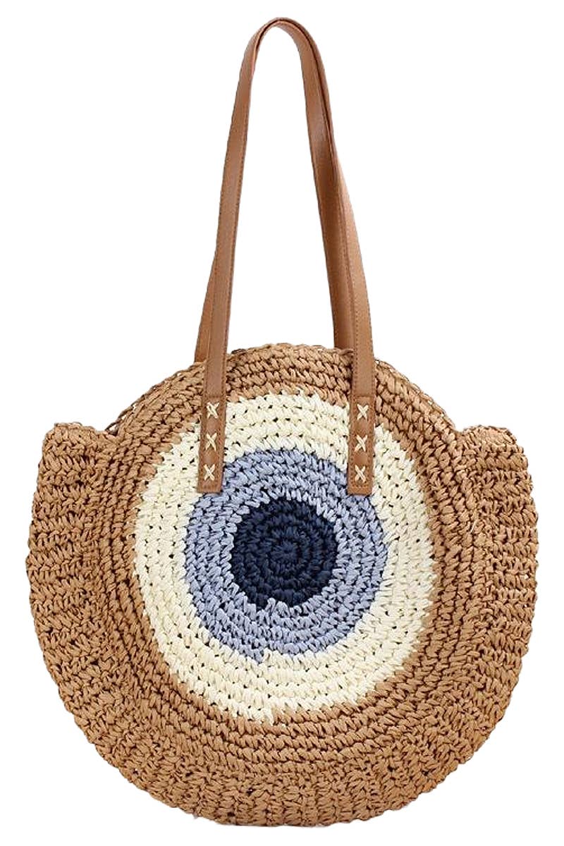 Boho Evil Eye Rattan Wicker Round Beach Tote Bag