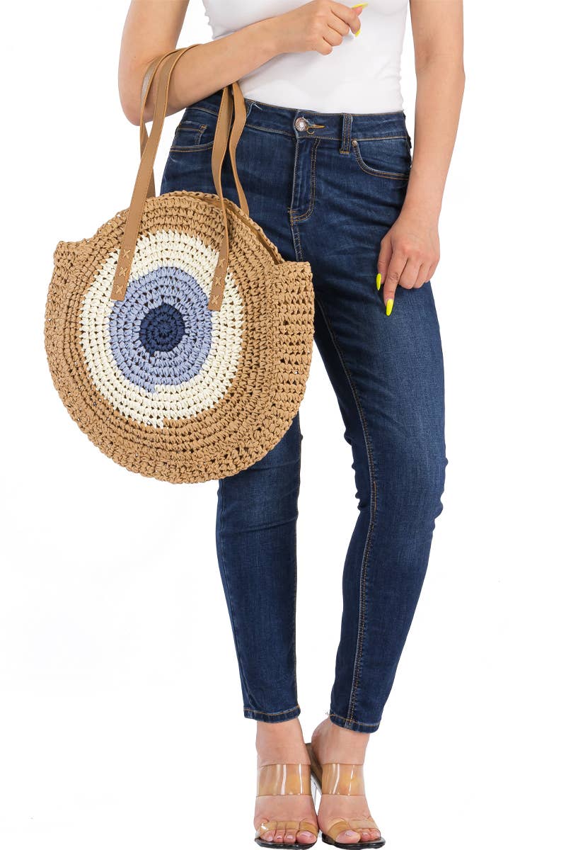 Boho Evil Eye Rattan Wicker Round Beach Tote Bag