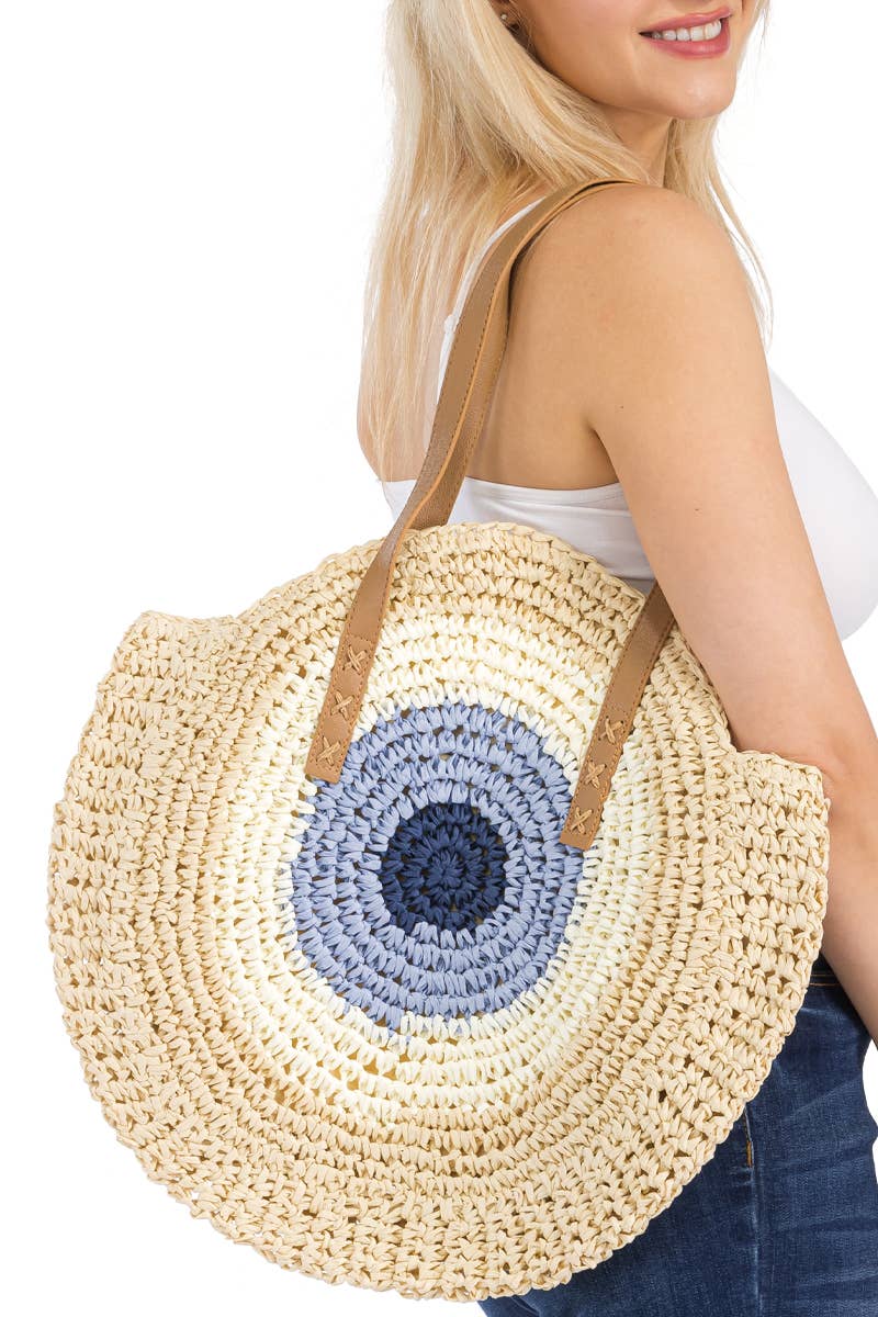 Boho Evil Eye Rattan Wicker Round Beach Tote Bag