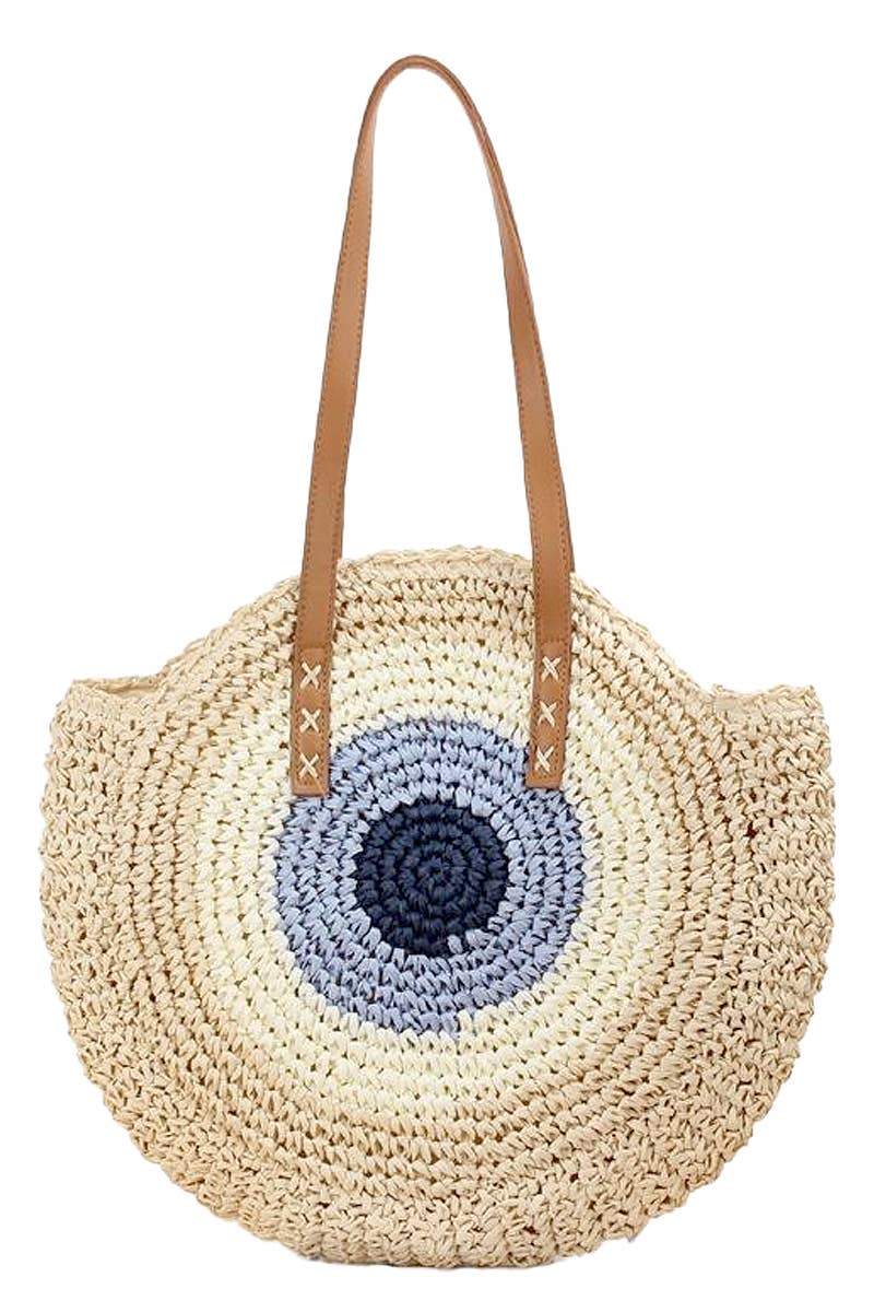 Boho Evil Eye Rattan Wicker Round Beach Tote Bag