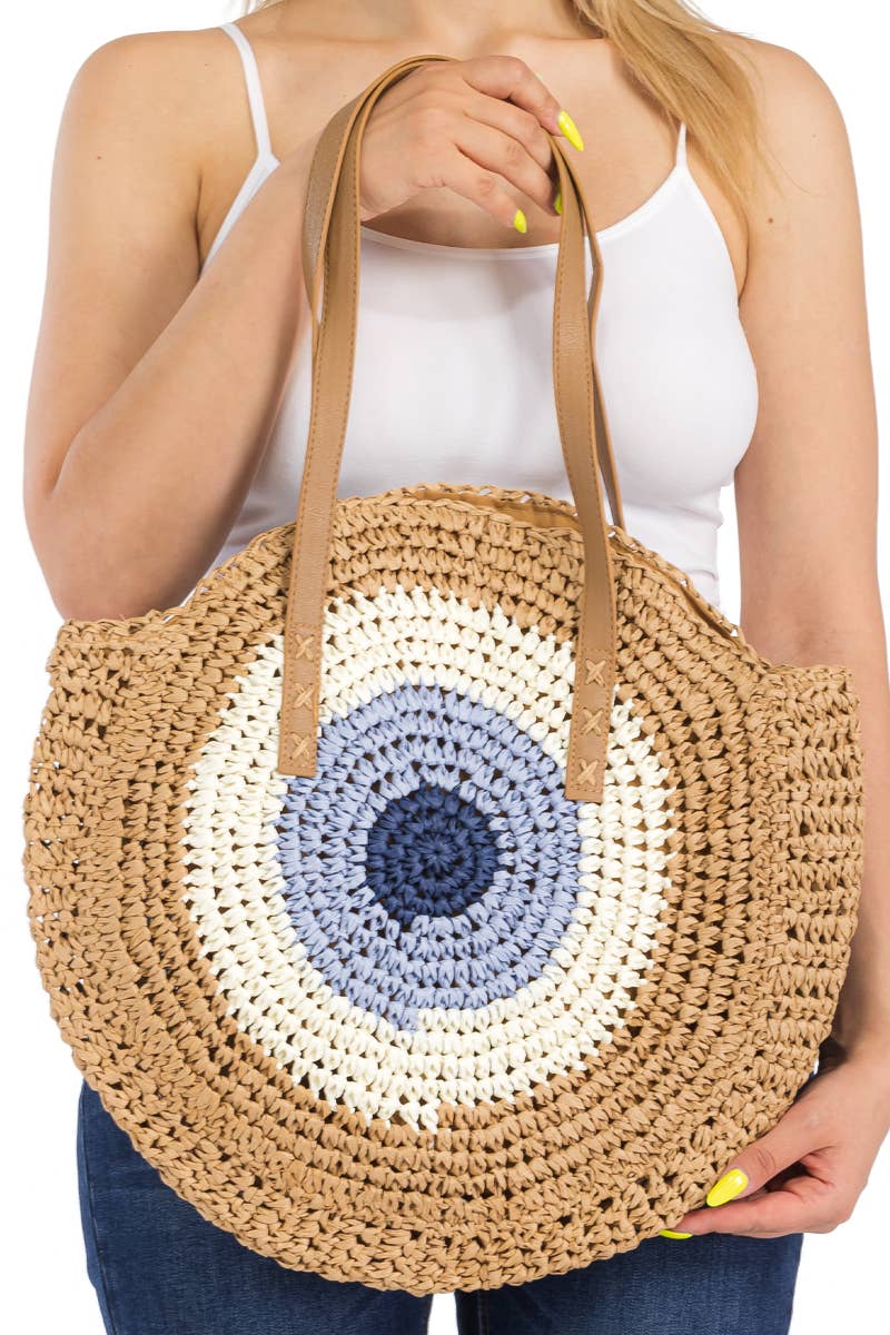 Boho Evil Eye Rattan Wicker Round Beach Tote Bag