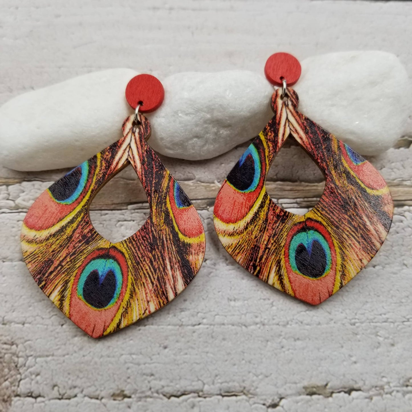 Boho Printed Peacock Feather Wood Earrings