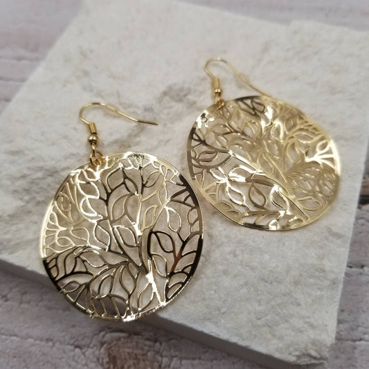 Gold Life Tree Circular Earrings