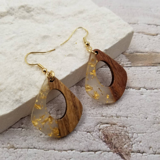 Boho Gold Flake Acrylic Wood Drop Earrings